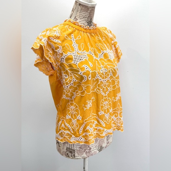 JENNIFER & GRACE Marigold Yellow and White embroidered flutter sleeve top size S - Picture 12 of 13